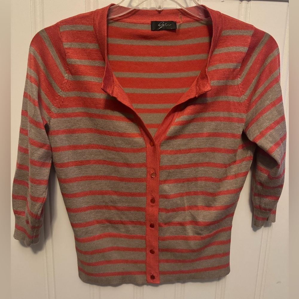 Lyn Button Up Cardigan Sweater 3/4 Sleeve Tan/Coral Size Medium